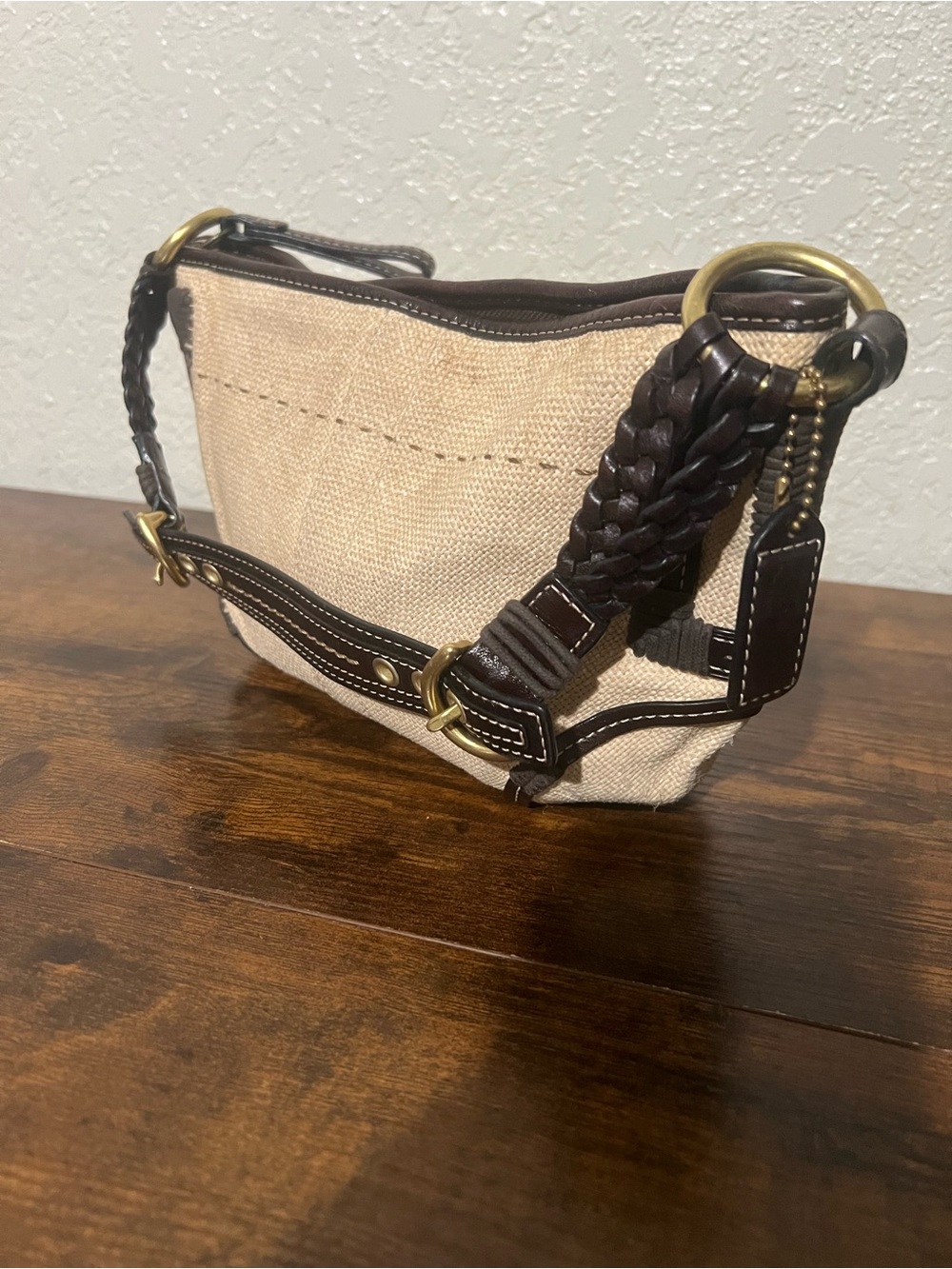 Coach Beige Canvas Shoulder Bag with Dark Brown Braided Leather Trim